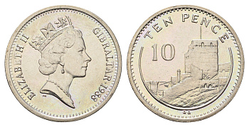 Гибралтар 10 пенсов 1988 KM 23.1 медно-никель UNC 4666-321
