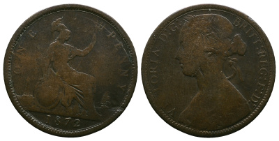 Великобритания 1 пенни 1872 Виктория (1837-1901) KM 749.2, Spink 3954 бронза 4364-4333