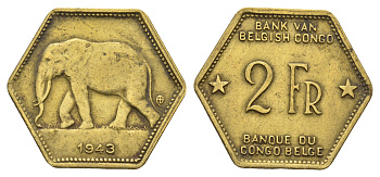 Бельгийское Конго 2 франка 1943 слон, шестиугольная, год тип KM 25 латунь 4127-1733