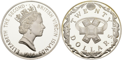 Британские Виргинские острова 20 долларов 1985 золотое кольцо с изумрудом KM 51 серебро  PROOF  1095-2-31