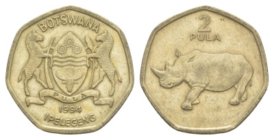 Ботсвана 2 пулы 1994 Белый носорог KM 25 никель латунь 4531-333