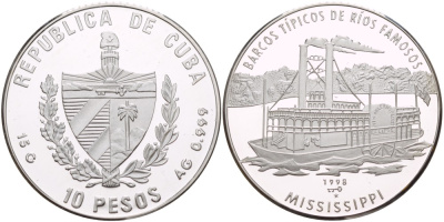 Куба 10 песо 1998 Миссисипи, колесный пароход, тираж 5000 экземпляров KM 610 серебро  PROOF  11-108-35