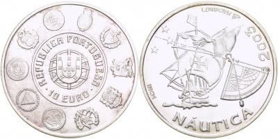 ПОРТУГАЛИЯ 10 ЕВРО 2003 ПАРУСНИК НАУТИКА KM 748 серебро UNC 01-162-15