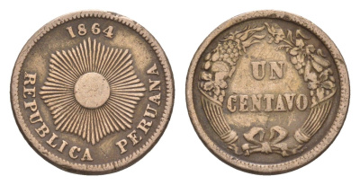 Перу 1 сентаво 1864 KM 187.1 медно-никель 1518-1642