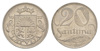 Латвия 20 сантимов 1922 год-тип KM 5 никель 4658-1251