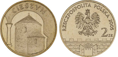 Польша 2 злотых 2005 MW, серия польские города, Цешин (Cieszyn) KM 753, Parchimowicz 962 латунь UNC 603-1013