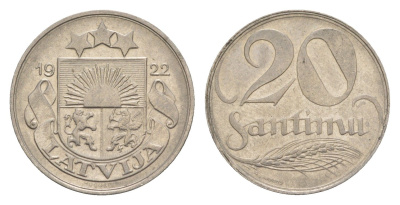 Латвия 20 сантимов 1922 год-тип KM 5 никель 4658-1251
