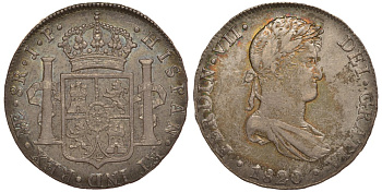 Перу 8 реалов 1820 JP, монетный двор ME (Лима), Фердинанд VII Испанский (1808-1821), красивая золотисто-голубая патина KM 117.1 серебро 00-000-00