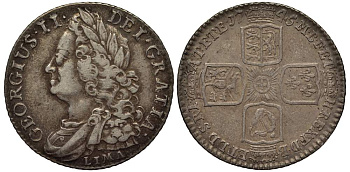 Великобритания 1 шиллинг 1745 LIMA, Георг II (1727-1760), Лимский шиллинг, цена по Spink - 450 фунтов KM 583.2, Spink 3703 серебро 00-821-72