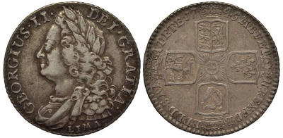 Великобритания 1 шиллинг 1745 LIMA, Георг II (1727-1760), Лимский шиллинг, цена по Spink - 450 фунтов KM 583.2, Spink 3703 серебро 00-821-72