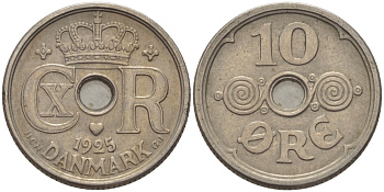 ДАНИЯ 10 ЭРЕ 1925 HCN; GJ, КРИСТИАН X (1912-1947) KM 822.1 медно-никель 100-257