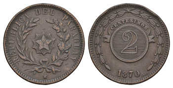 Парагвай 2 сентесимо 1870 год-тип, SHAW KM 3 медь 4653-826
