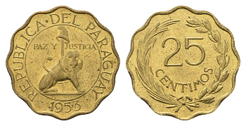 Парагвай 25 сентимо 1953 лев, фригийский колпак на шесте KM 27 алюминиевая бронза UNC 4119-1133
