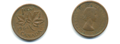 Канада 1 цент 1964 Елизавета II (1952-2022), кленовый лист KM 49 бронза 177-1326