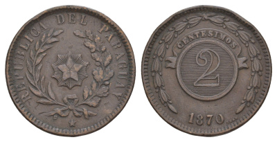 Парагвай 2 сентесимо 1870 год-тип, SHAW KM 3 медь 4653-826