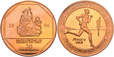 Перу 20 солей 1996 XXVI Олимпийские игры 1996 года в Атланте, 100 лет Олимпийскому движению, бег, пробник, рубчатый гурт медь PROOF 06-134-43