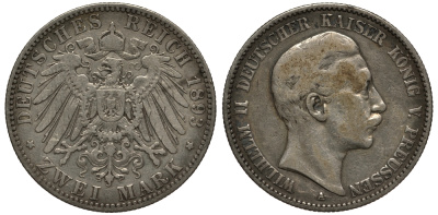 Пруссия 2 марки 1893 A, Вильгельм II (1888-1918) J.102, Weege 101, KM 522 серебро 3711-712