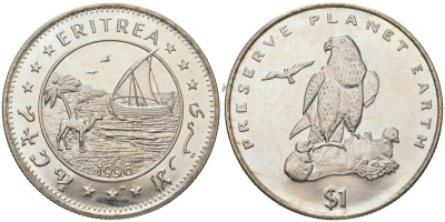 Эритрея 1 доллар 1996 берегите планету Земля - Средиземноморский сокол KM 37 медно-никель BU 4368-724