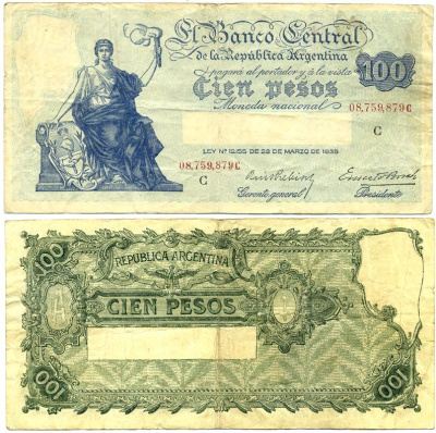 АРГЕНТИНА 100 ПЕСО 1938 ГОЛУБАЯ, СЕРИЯ C, НОМЕР 08759 Pick 255 бумага 7485-26-1