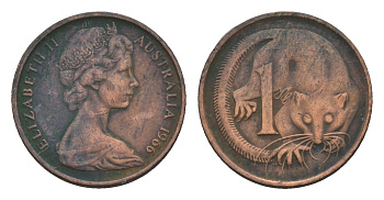 Австралия 1 цент 1966 Елизавета II (1952-2022), молодой портрет, опоссум KM 62 бронза 4655-1162