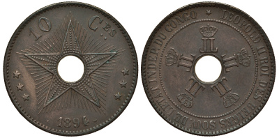 Бельгийское Конго 10 сантимов 1894 LW KM 4 медь 5010-114
