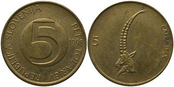 Словения 5 толаров 1998 KM 6 латунь 4548-936