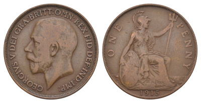 Великобритания 1 пенни 1915 Георг V (1910-1936) KM 810, Spink 4051 бронза 114-233