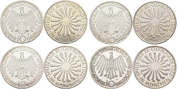 ФРГ набор из 4 монет по 10 марок 1972 XX Олимпийские игры 1972 года в Мюнхене, спираль (F, J, D, G), коробка KM 134.1, J. 401b серебро UNC 3-4-7-27