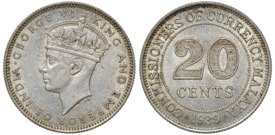 Британская Малайя 20 центов 1939 Георг VI (1937-1952) KM 5 серебро 53-343