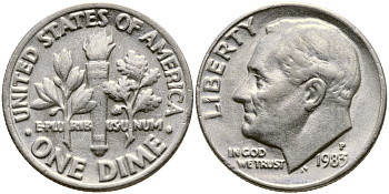 США 10 ЦЕНТОВ = 1 ДАЙМ 1983 P, РУЗВЕЛЬТ KM 195а медь плакированная медно-никелем 46-2546