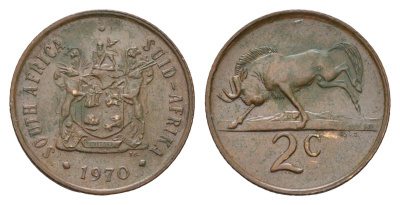ЮАР 2 цента 1970 герб, антилопа KM 83 бронза 4674-924
