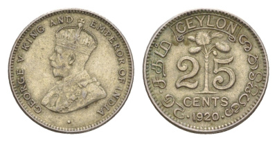 Цейлон 25 центов 1920 Георг V (1910-1936) KM 105a серебро 1531-742