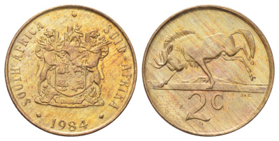 ЮАР 2 цента 1984 герб, антилопа гну KM 83 бронза UNC 4695-1047