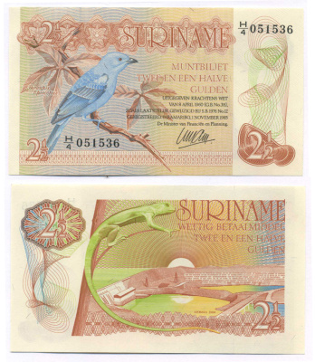 Суринам 2 1/2 гульдена 1985 голубая танагра, дамба Pick 119 a бумага UNC (пресс) 8595-34-2-2