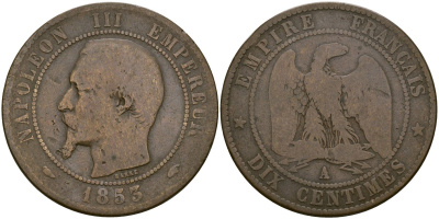 Франция 10 сантимов 1853 A- Париж, Наполеон III (1852 - 1870) KM 771 бронза 4168-141
