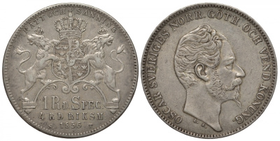 Швеция 1 риксдалер 1856 Оскар I (1844-1859) KM 689, Ahlstroem 56b, Dav. 355 серебро 00-00