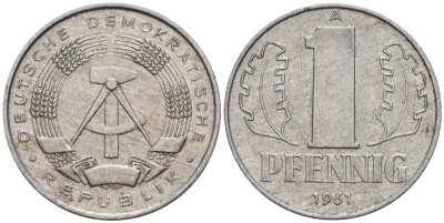 ГДР 1 пфенниг 1961 A KM 8.1 алюминий 39-825