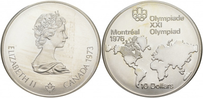 Канада 10 долларов 1973 XXI летние Олимпийские игры в Монреале 1976 года, Канада на карте мира KM 86.1 серебро UNC 01-172-12