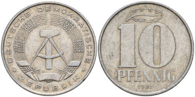 ГДР 10 пфеннигов 1967 A KM 10 алюминий 27-454
