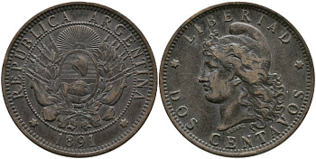 Аргентина 2 сентаво 1891 голова свободы влево KM 8 бронза 4531-1044