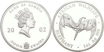 Замбия 5000 квача 2002 Африканские слоны KM 142 серебро PROOF 1091-4-11