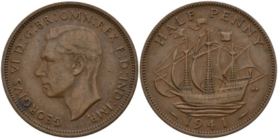 Великобритания 1/2 пенни 1941 Георг VI (1936-1952) KM 844, Spink 4115 бронза 4159-746