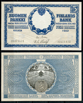 Россия для Финляндии 5 марок золотом 1909 водяной знак FB SP Pick 9 a, Кардаков 15.1.180  бумага  aUNC 439-75-3-2