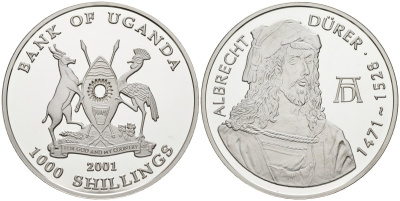Уганда 1000 шиллингов 2001 Альбрехт Дюрер (1471-1528) KM 203 серебро PROOF 00-00