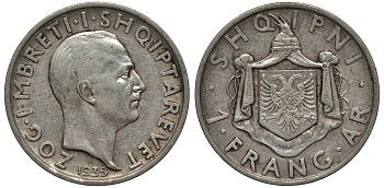 Албания 1 франга ари 1935 R, Ахмет Зогу I (1928-1939) KM 16 серебро 441-1634