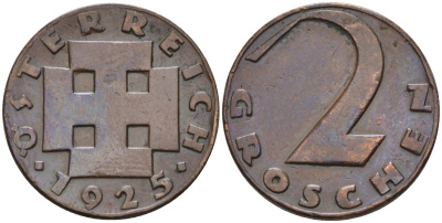 Австрия 2 гроша 1925 KM 2837 бронза 4594-316