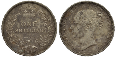 Великобритания 1 шиллинг 1874 Виктория (1837-1901) KM 734.2, Spink 3906А серебро 1523-825