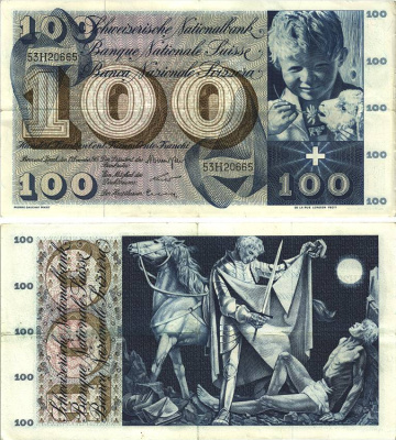 Швейцария 100 франков 1965 23 декабря 1965, серия 53 H, подпись 40 Pick 49 h бумага 8606-23-2-2