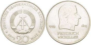 ГДР 20 марок 1972 А, Фридрих Шиллер (1759-1805) KM 40 медно-никель 4521-646