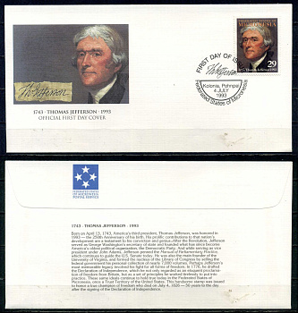 Микронезия конверт с маркой первого дня гашения 1993 Томас Джефферсон, США бумага 6294-77-1-1